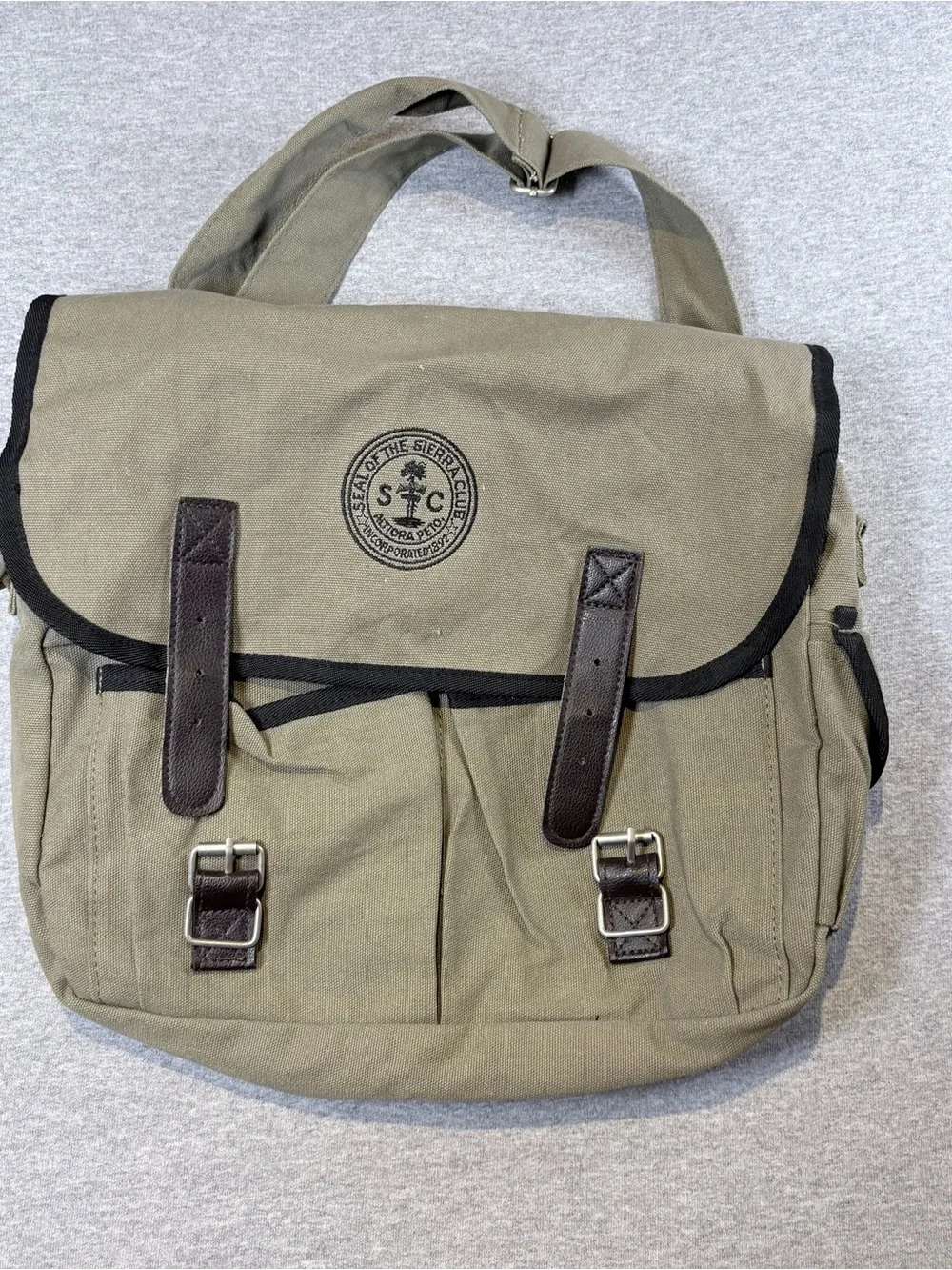 Vintage Sierra Club Messenger Bag With Leather Buckle Straps Olive Crossbody